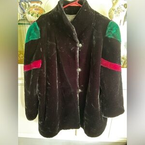 Elegant 1980s Black Faux Fur Coat w/Colorful Sleeve Accents